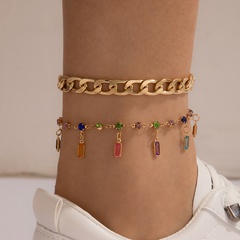 ethnic style foot decoration color diamond tassel double layer anklet metal chain multi-layer anklet