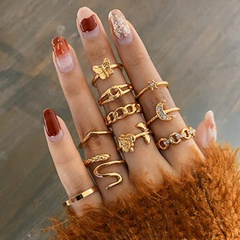 European and American new chain retro rhinestone-studded moon butterfly heart snake ring 10-piece set