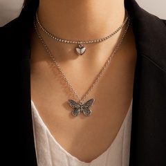 Simple Retro Silver Heart Full Rhinestone Butterfly Pendant Double-Layer Necklace