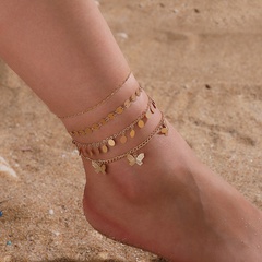 Simple Anklet Jewelry Bohemian Seaside Beach Wind Disc Tassel Butterfly Pendant Four Layer Anklet