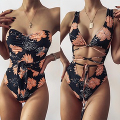 new big flower printing one-piece swimsuit sexy strappy swimsuit women tube top swimsuit