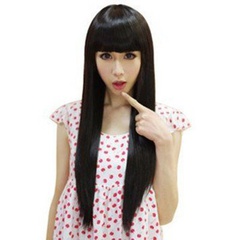 Corée longue perruque de cheveux raides femme mignonne frange droite perruque coiffures en gros