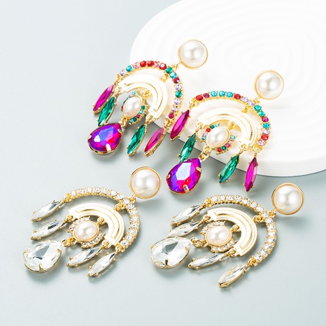 Pendientes de perlas con incrustaciones de diamantes de aleación de arco de múltiples capas de la serie de diamantes de color de moda pendientes exagerados NHLN493965's discount tags