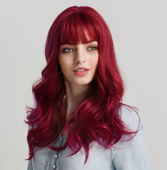 Women's wig red long wavy with bangs daily ladies wig