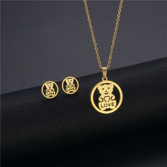 EU and South Korea Bear Pendant Female Titanium Steel Necklace Gold-Plated Niche Bear Necklace and Earring Suit Cross-Border Sold Jewelry Wholesale