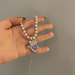 Fashion purple heart-shape pearl bear alloy necklace