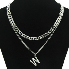 Stainless steel smooth w letter female double-layer necklace