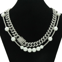 Fashion hip hop metal Cuban necklace thick pearl full diamond alloy necklace