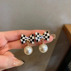 black white checkered bowknot pearl earrings Korean earrings