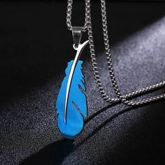 Men's titanium steel blue feather pendent necklace 60cm