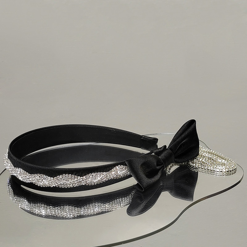 Korean headdress fake earrings diamond shiny twist temperament tassel black bow headband