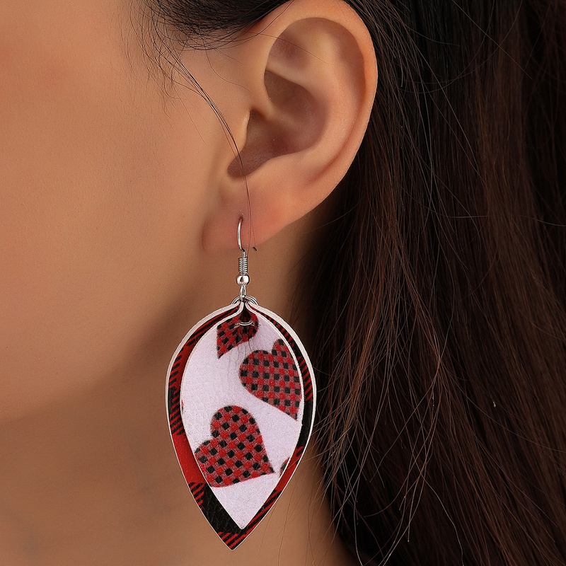 New Double Leaf Heart Leather Earrings Retro Red and Black Grid Earrings Wholesale
