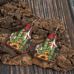New Christmas Creative Cactus Sunflower Red Plaid Printed Pu Leather Earrings