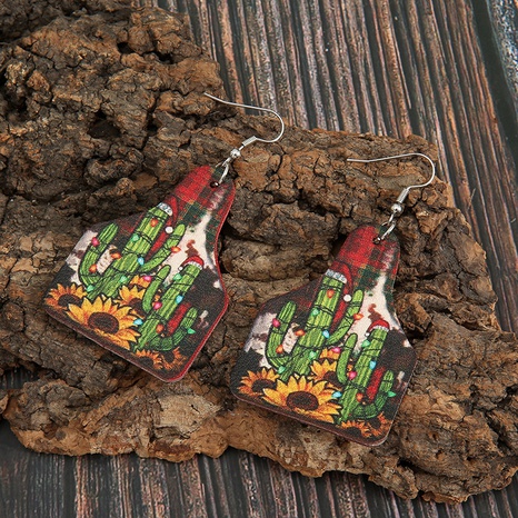 New Christmas Creative Cactus Sunflower Red Plaid Printed Pu Leather Earrings's discount tags