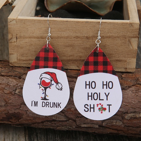 new European and American Christmas red plaid wine glass leather earrings wholesale's discount tags