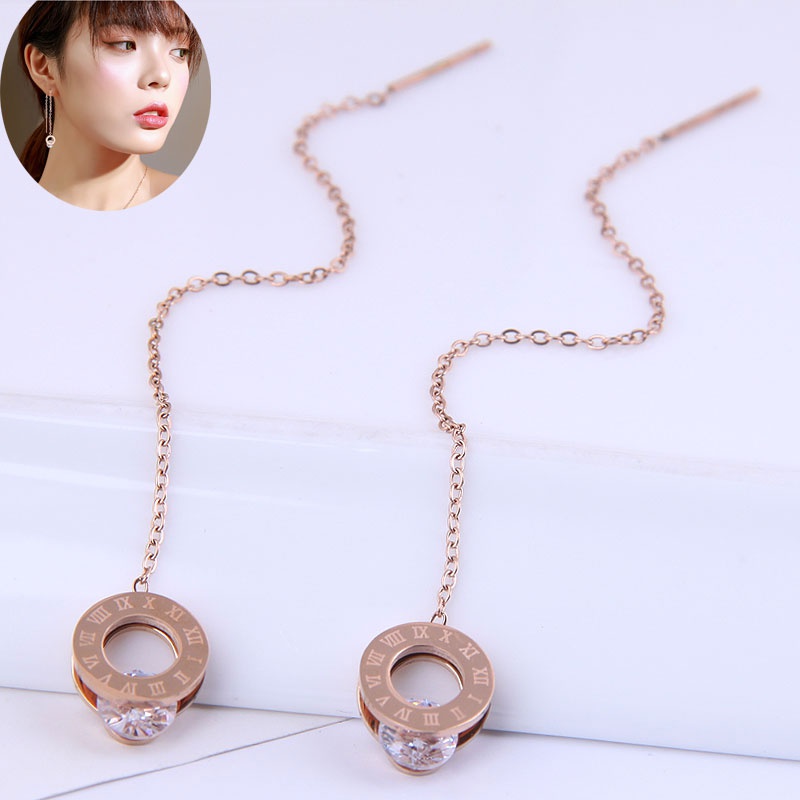 Korean style fashion simple titanium steel earrings simple circle zircon personality long earrings