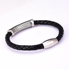 Men's leather titanium steel rhombus pattern bracelet
