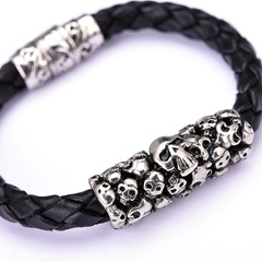 Men's genuine leather titanium steel multiple skull bracelet