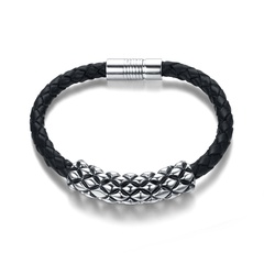 Men's genuine leather titanium steel rhombus bump bracelet