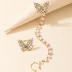 simple asymmetric diamond-studded butterfly earrings pearl tassel ear clip