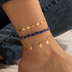 European and American ethnic blue woven three-layer rhombus water drop disc multi-layer anklet