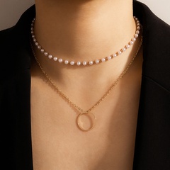 Mode Perlenkette Doppelschichtige Halskette Geometrischer Ring Mehrschichtige Schlüsselbeinkette