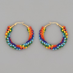 geometric wave glass color rice bead large hoop earrings