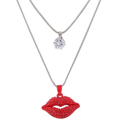 Korean Fashion Metal Simple Flashing Diamond Lips Double Long Necklace