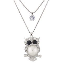 Korean Fashion Metal Simple Flashing Diamond Owl Double Long Necklace