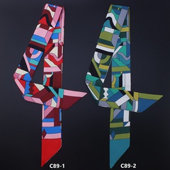 Korean ribbon decorated small silk geometric contrast silk print scarf