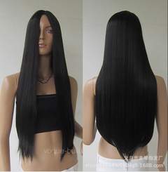 European and American mid-point scalp black long straight hair wig