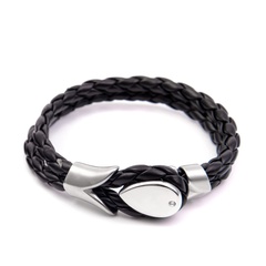 Men's black braided genuine leather titanium steel bracelet