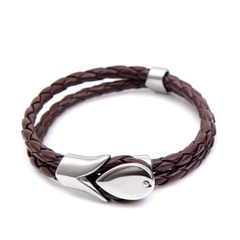 Men's brown braided genuine leather titanium steel bracelet