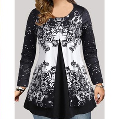Plus size women's round neck mid-length print long sleeves