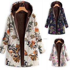 Zipper Hooded Thickened Composite Cotton Printed Mid-length Cotton Jacket