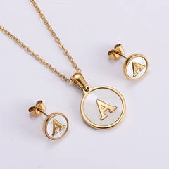 new simple stainless steel round inlaid white shell letter earrings pendant necklace set