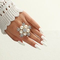 exaggerated diamond-studded pearl flower ring fashion retro new light luxury open ring