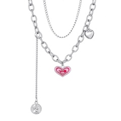 double-layer pink heart European and American creative coin stacking tassel necklace