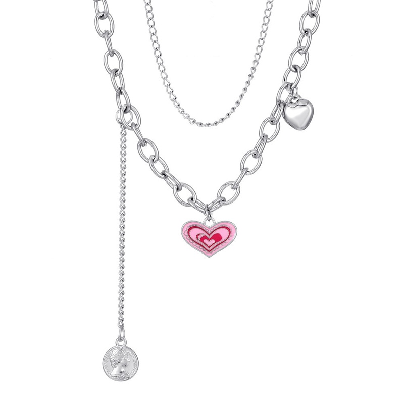 doublelayer pink heart European and American creative coin stacking tassel necklace