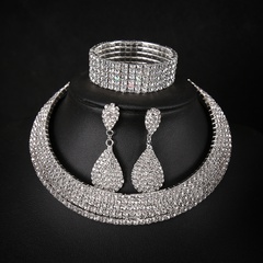 fashion personality full diamond multi-layer collar necklace earrings bracelet three-piece set