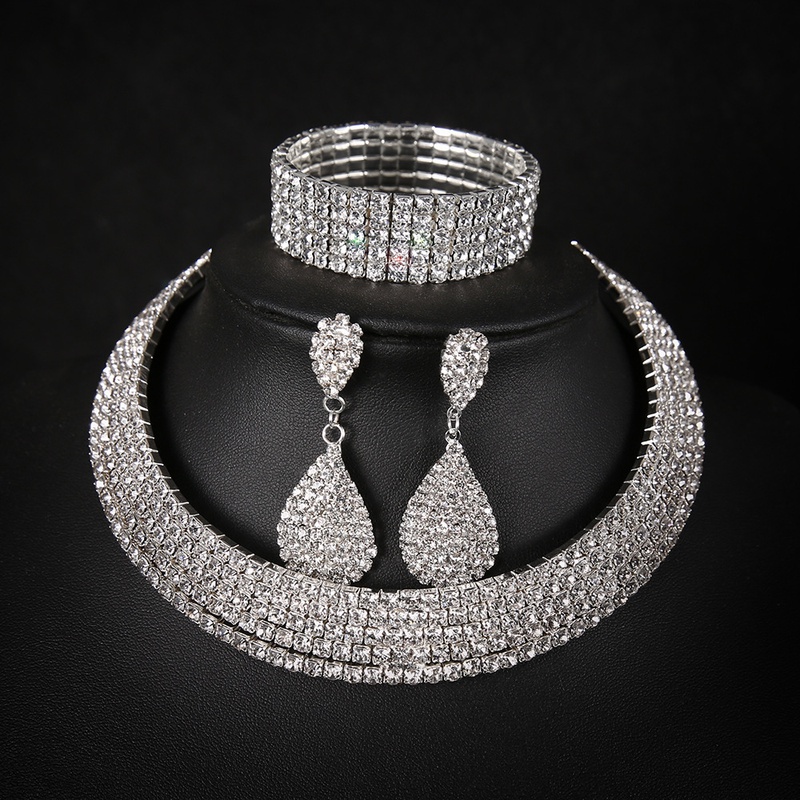 Mode Persnlichkeit voller Diamant mehrschichtige Kragen Halskette Ohrringe Armband dreiteiliges Set