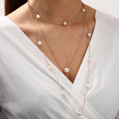 New Simple Beaded Alloy Multilayer Necklace Fashion Pearl Long Necklace