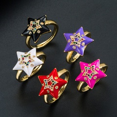 Anillo ajustable de estrella de cinco puntas con microincrustaciones de circonio de color dorado de cobre creativo de moda