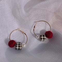 Korean fashion imitation pearl hair ball black and white grid alloy earrings