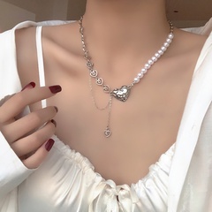 beautiful pearl love pendant necklace asymmetric stitching clavicle chain fashion necklace