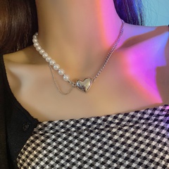 heart necklace trend hip hop pearl stitching necklace rhinestone clavicle chain