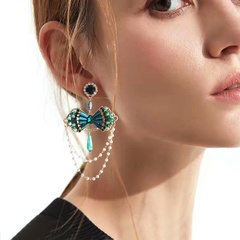 retro green exaggerated crystal chain earrings