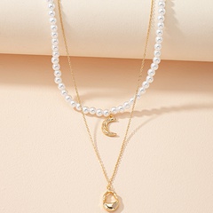 European and American moon lock pendant double pearl cross-border fashion necklace
