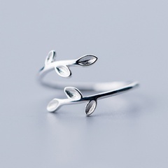 Simple plain silver small leaf ring female Korean branch open finger copper ring