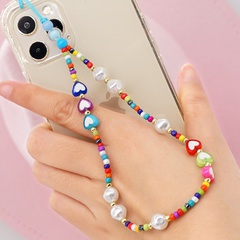 new mixed color rainbow rice beads white imitation pearl acrylic drop heart anti-lost mobile phone chain